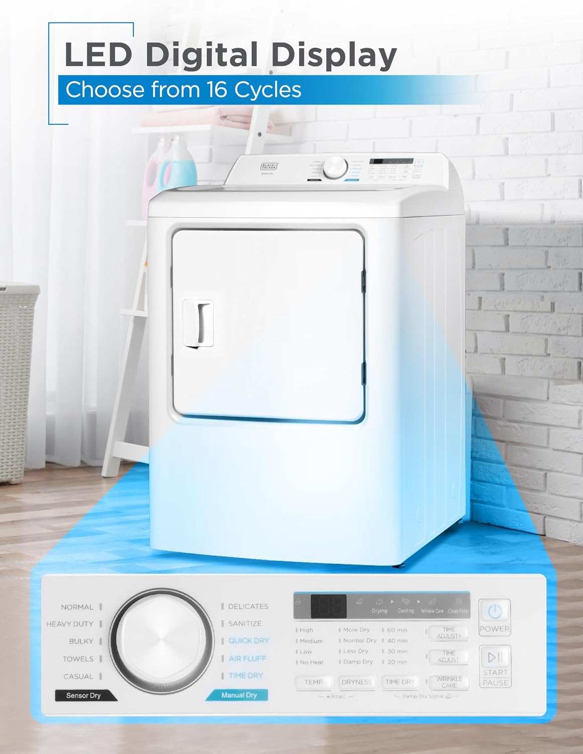 BLACK+DECKER 7.0 Cu. Ft. Front Load Dryer, Electric Clothes Dryer with LED Display and Dial Control, 5 Sensor and Manual Dry Selections, 240V, Requires Professional Installation, BLD67ME, White
