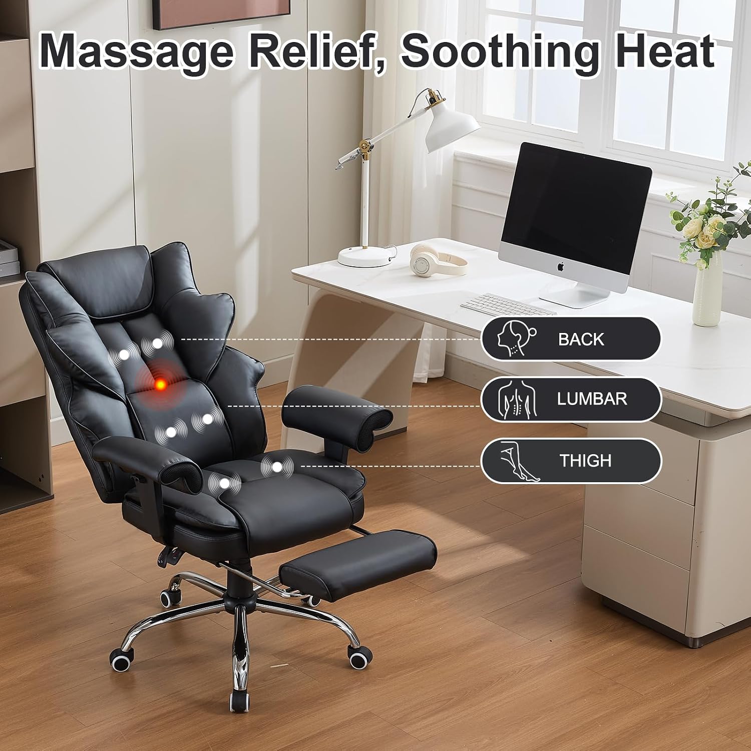 Ergonomic Office Chair with Heated Massage Function, Executive Computer Desk Chair, Adjustable Massage Seating (Black)