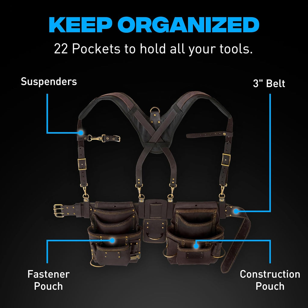 OX Pro Oil Tanned Leather Framing Rig with (XL) Belt and Padded Suspenders Leather Framing Tool Belt with Suspenders and Tool Pouches Dual Hammer Holsters OX-P263610