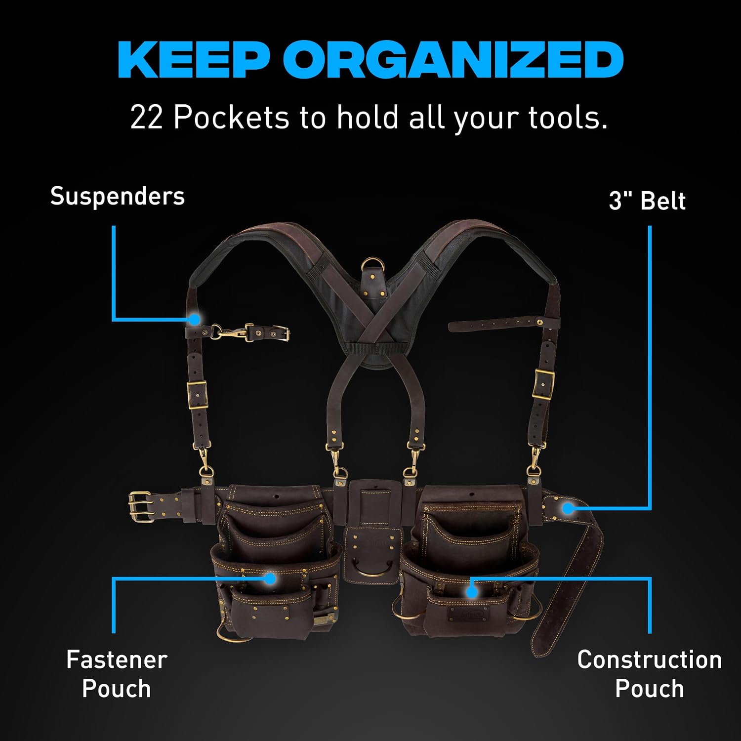OX Pro Oil Tanned Leather Framing Rig with (XL) Belt and Padded Suspenders Leather Framing Tool Belt with Suspenders and Tool Pouches Dual Hammer Holsters OX-P263610