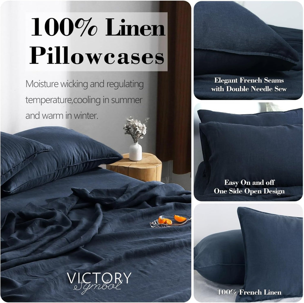 S VICTORY SYMBOL 100% Organic Linen Sheets Set,French Natural Bedding,Ultra Soft Luxurious Stone Washed Flax 4 Pieces Sheets Set(Navy,King)