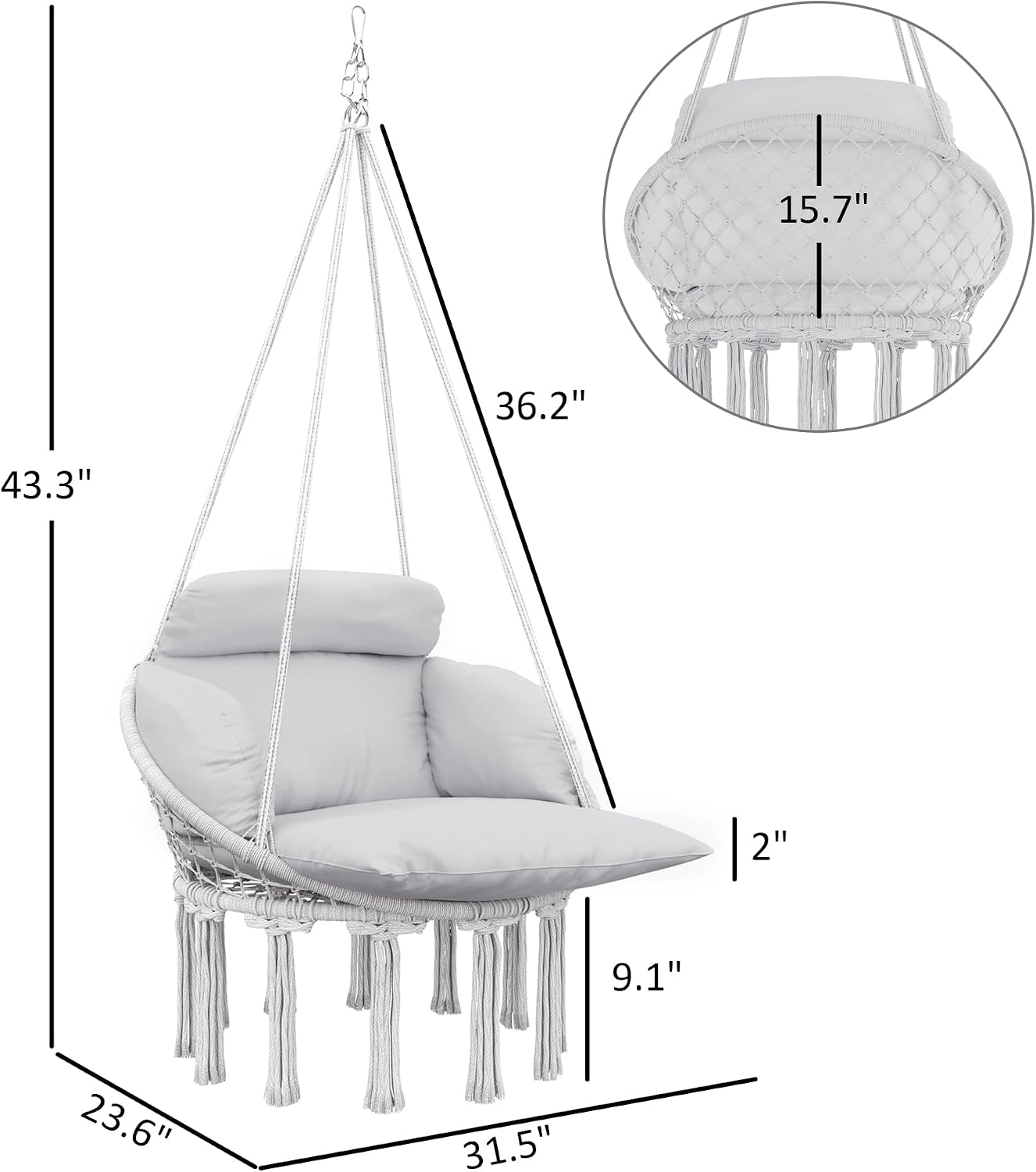 Hammock Hanging Swinging Chair, for Bedroom, Porch, Hanging Chair, Hammock Chair Swing Chair for Bedroom, Patio, Balcony,Swing Chair with Hanging, Chair for Bedroom Indoor Outdoor 31.5' W x 23.6' D