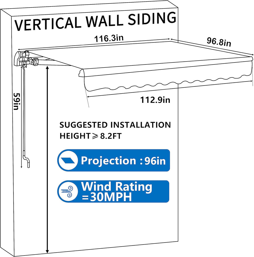 VEIKOU 10' x 8' Retractable Awning, Awnings for Patio w/Adjustable Canopy, Manual Awning Sun Shade Window Door Shelter with Aluminum Frame for Garden, Gray
