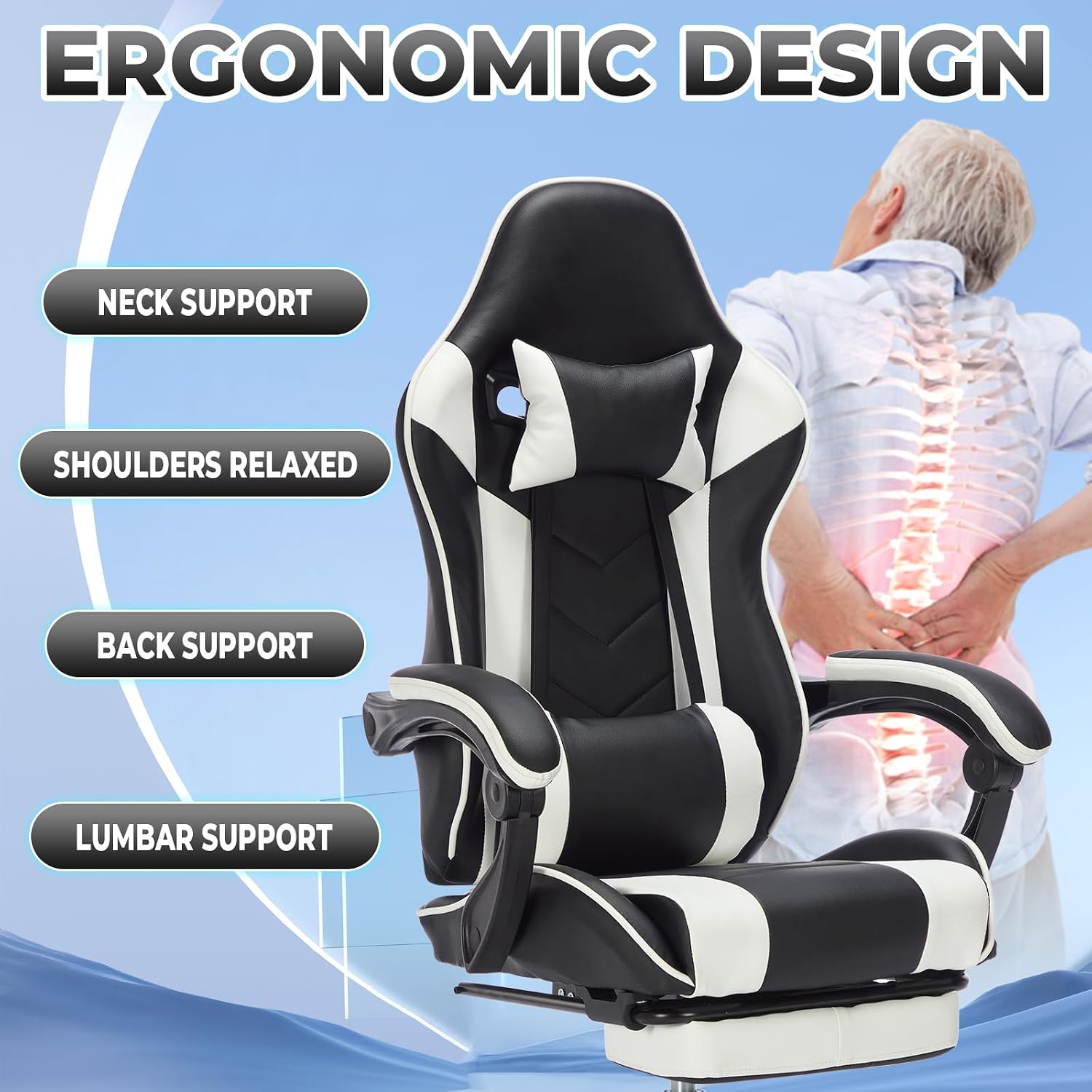 Gaming Chair with Massage and Footrest, Ergonomic High Back PC Racing Chair, 300LBS Capacity with Adjustable Lumbar Support & Headrest for Office and Desk (Model C, Black+White)