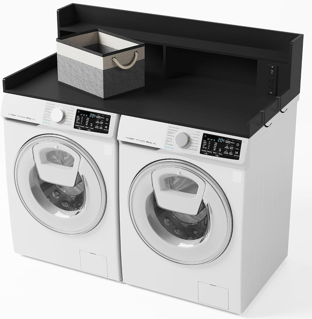 Upgraded 2-Tier Washer and Dryer Countertop with Power Outlet,54' W x 27.6' D Large Laundry Countertop for Fold Clothes, Laundry Topper with Non-Slip Pads & Metal Hooks and Storage Basket