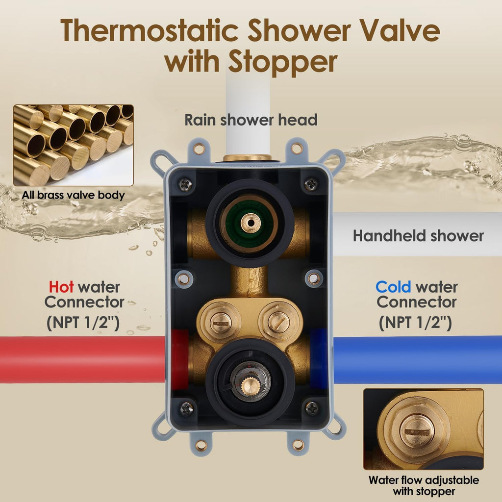 Gabrylly Thermostatic Shower Faucet Set, All Metal Shower System with Anti Scald Shower Valve, High Pressure 10' Rain Shower head with Handheld Spray Combo, Matte Black