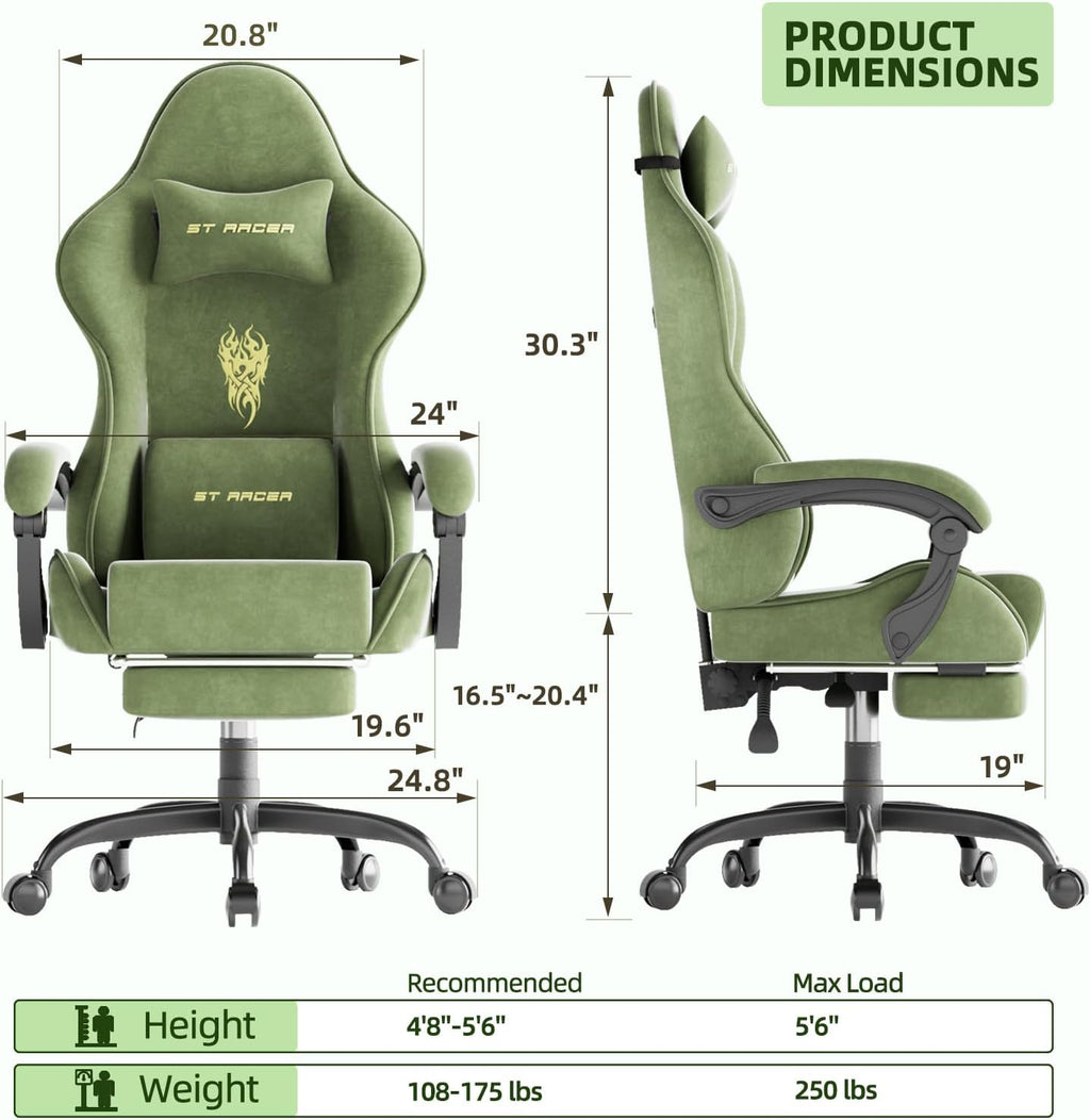 Soontrans Ergonomic Velvet Fabric Gaming Chair with Footrest, Comfortable Video Gamer Chair for Adult, Reclining Office Computer Desk Game Chairs with Massage Lumbar Cushion,Headrest