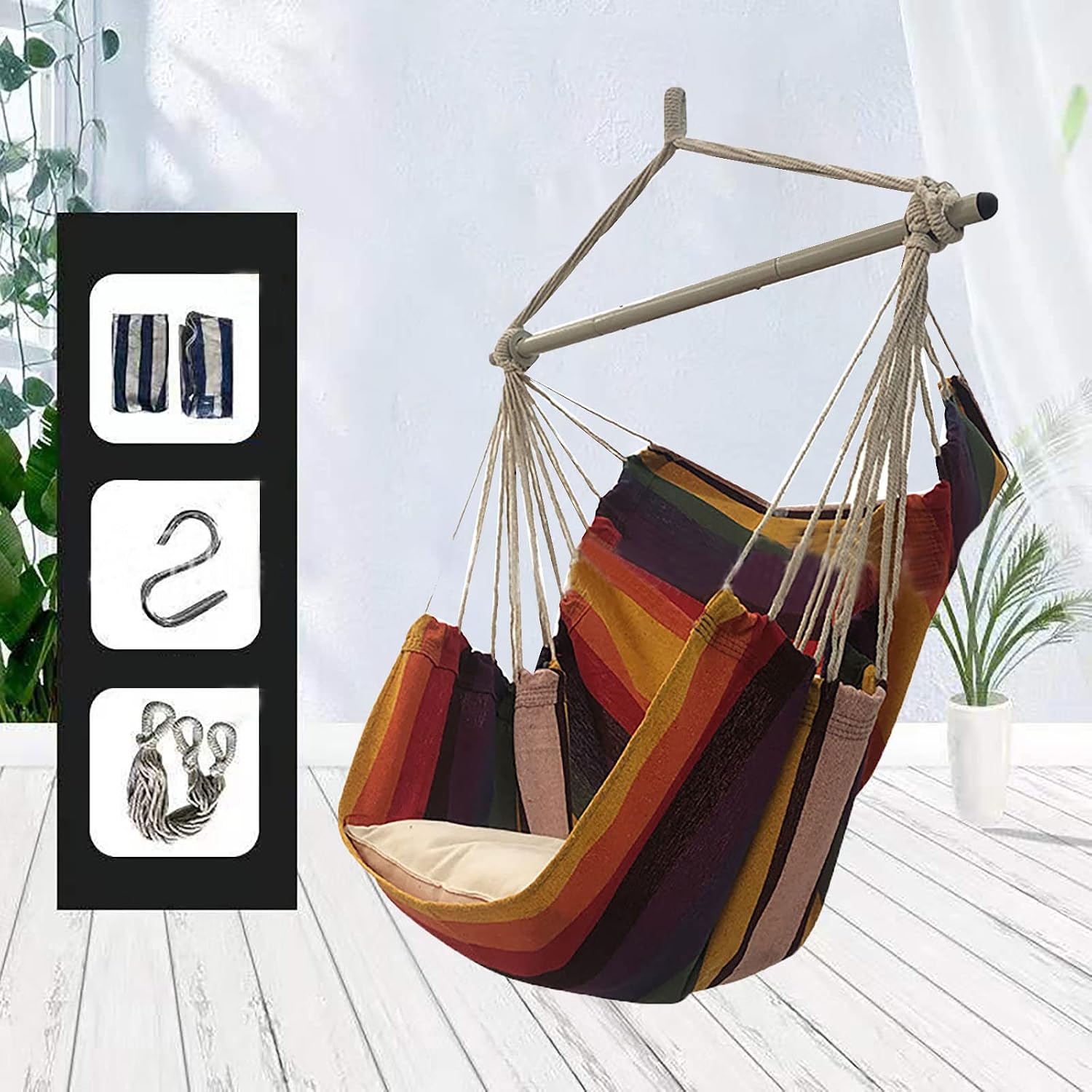SRHWBF Hanging Rope Hammock with 2 Pillows Chair Swing Seat Cotton Canvas Hanging Chairs for Bedrooms Porch Chair Outdoor (S3)