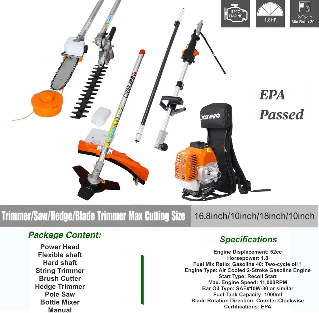 52cc 2-Cycle Backpack Gas Multi-Trimmer | 4-in-1 String Trimmer w/Rotatable Pole Saw, Weed Eater Weed Wacker, Brush Cutter & Hedge Trimmer Gas for Lawn, Yard, Garden Care, All-in-one Garden Tool