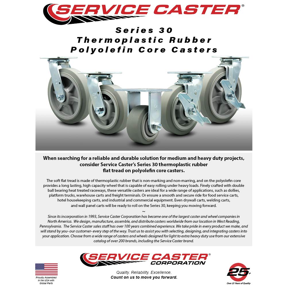 Service Caster Brand Replacement Set for Milwaukee Steel Work Cart Casters-Swivel Top Plate Heavy Duty Casters with 5 Inch Thermoplastic Rubber Flat Tread Wheels-Includes 2 Swivel with Brakes& 2 Rigid