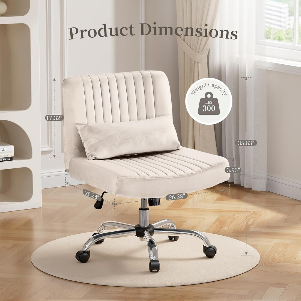 Velvet Office Chair, Luxury Criss Cross Chair with Wheels, Comfy Cross Legged Desk Chair for Home Office, Height Adjustable Vanity Chair, Wide Seat Computer Chair, Gift for Girlfriend, Cozy Beige