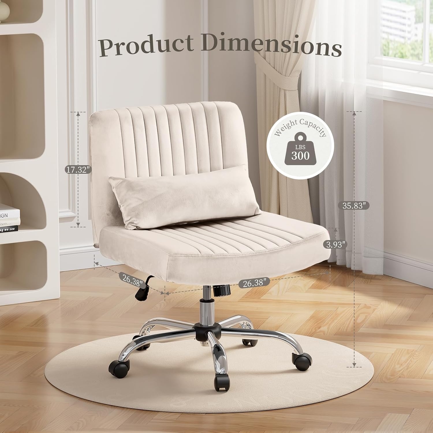 Velvet Office Chair, Luxury Criss Cross Chair with Wheels, Comfy Cross Legged Desk Chair for Home Office, Height Adjustable Vanity Chair, Wide Seat Computer Chair, Gift for Girlfriend, Cozy Beige