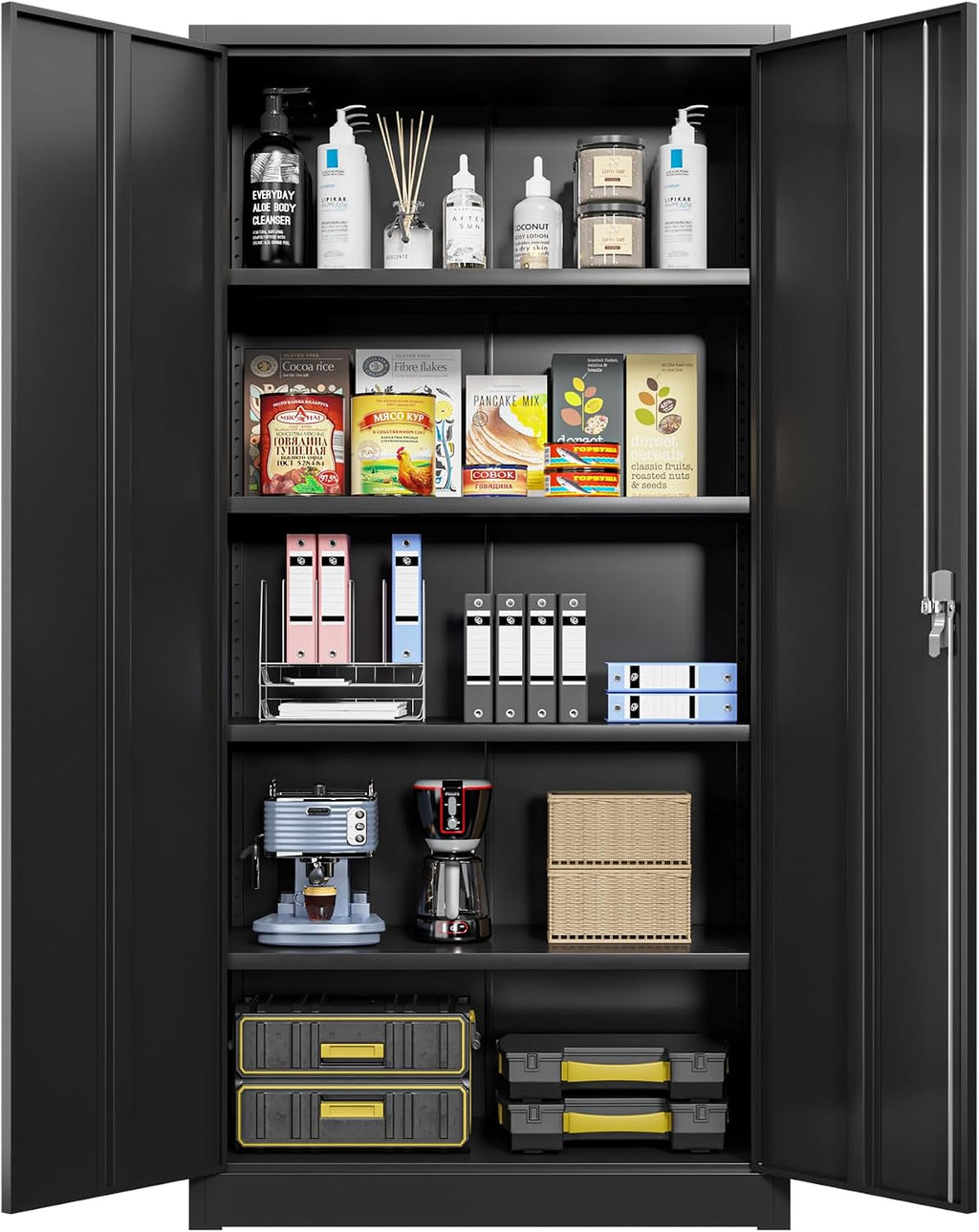 Locking Metal Storage Cabinet with 2 Door and 4 Adjustable Shelves, Black Lockable Garage Storage Cabinet for Home, Office, Utility Room, H70.87×W35.43×D17.72
