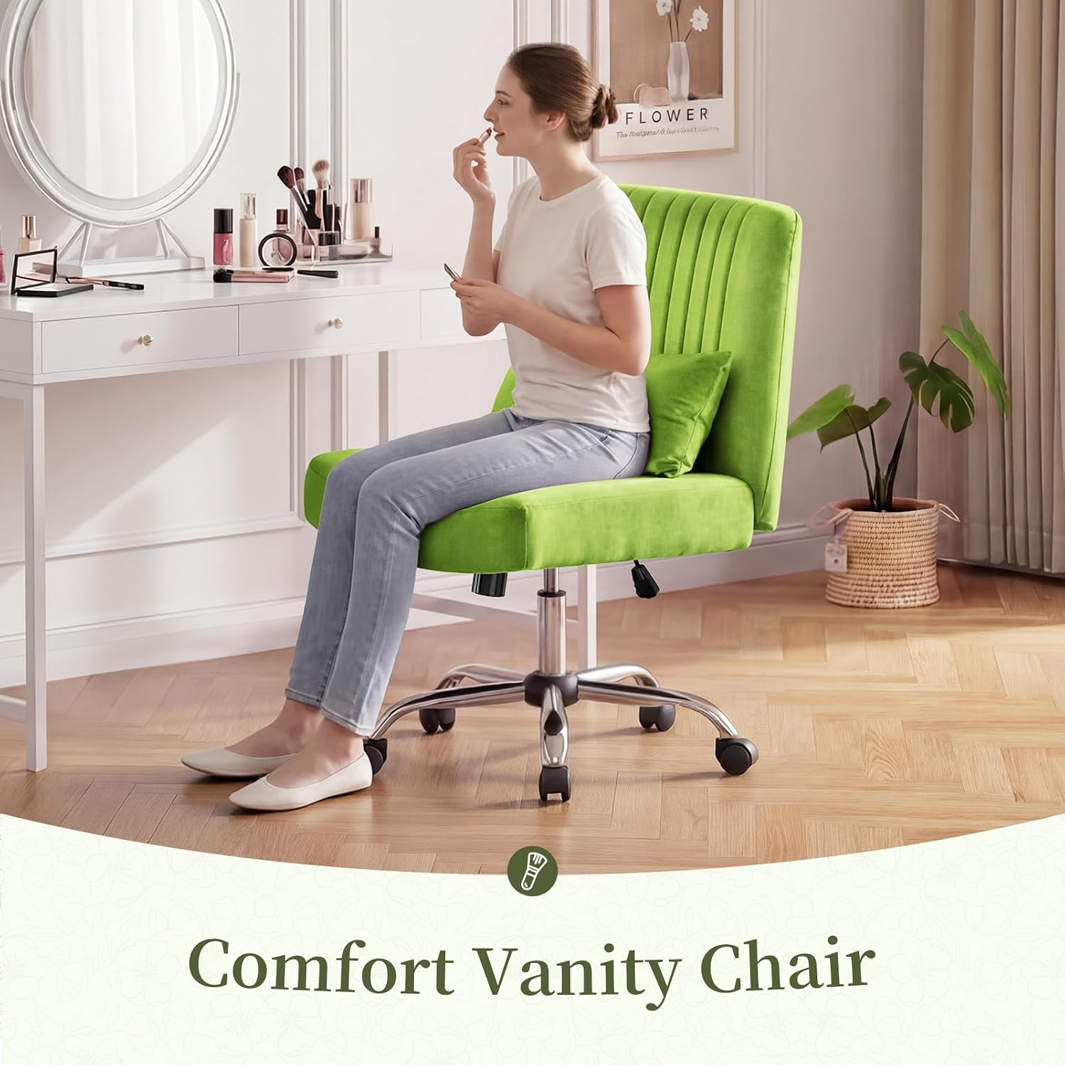 Warmiehomy Velvet Cross Legged Office Chair, Comfy Desk Chair for Home Office, Criss Cross Chair with Wheels, Height Adjustable Vanity Chair, Swivel Wide Seat Computer Chair Gift, Velvet Moss Green