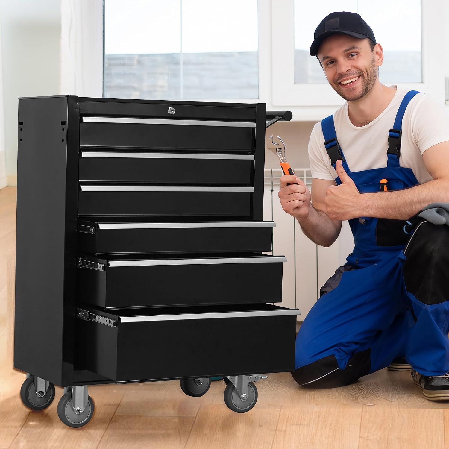 LuckyNote】6-Drawer Rolling Tool Chest Cabinet, Large Capacity Metal Tool Box with Wheels and Locking, Roll Around Storage Organizer Tool Cart for Garage, Warehouse, Work Shop - Black,24.2x13x34.6