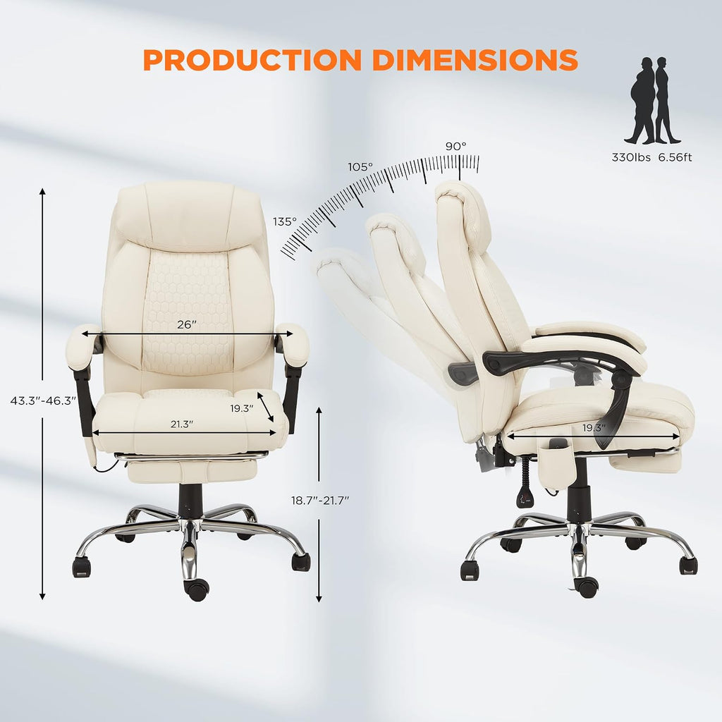 HOMREST 4-Point Massage Office Chair with Heating and Footrest, Reclining Executive Leather Desk Chair, Ergonomic Heated Managerial Chair for Home Office, Beige