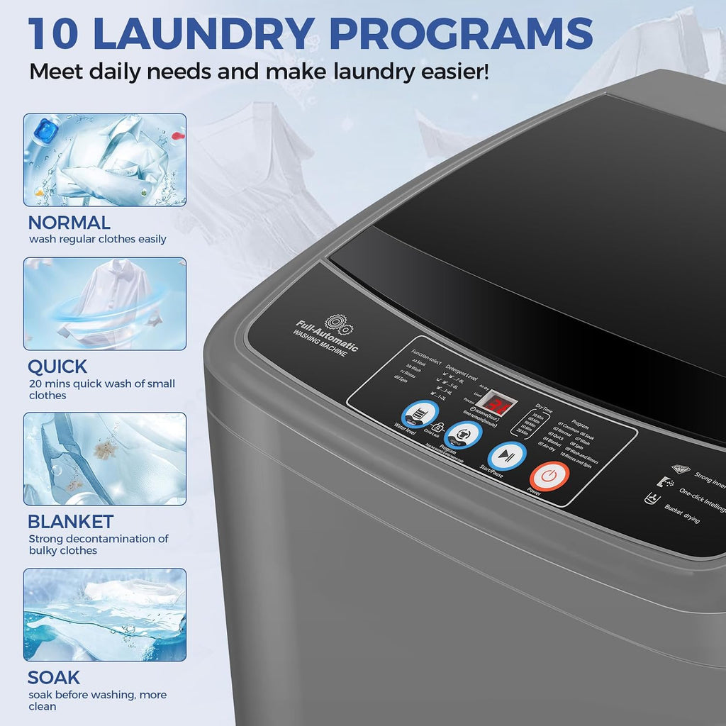 Nictemaw Portable Washing Machine, 17.8Lbs Portable Washer Machine, 2.4Cu.ft Compact Laundry Washer and Dryer Combo with Drain Pump, 10 Wash Programs 8 Water Levels for Apartment RV Dorm