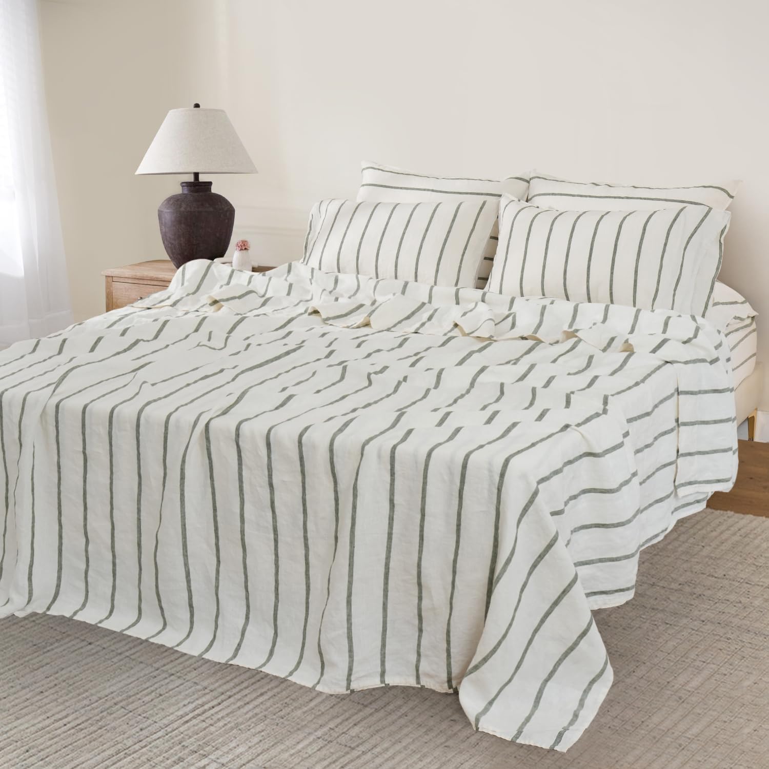 S VICTORY SYMBOL 100% Organic Linen Sheets Set Striped,Yarn Dyed Green Vertical Stripe Bed Sheets King Size,French Natural Flax Bedding Set 4pcs