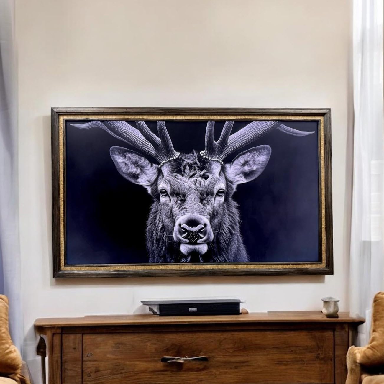 32, 43, 50 & 55 Inch Handmade wood ornate TV Frame for Samsung The Frame TV, Rustic Dark Wood Stain with Burlap fabric liner (not for use with other models) (55 INCH)