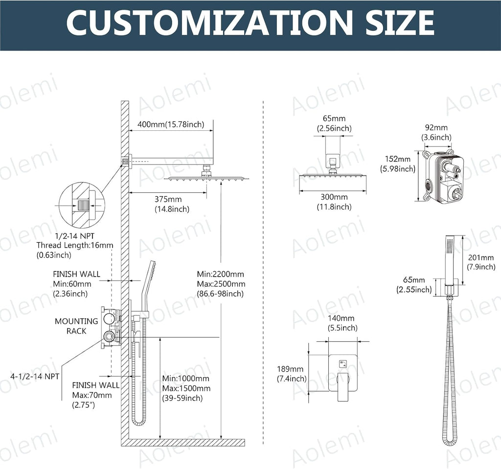 Aolemi Shower Faucet Set Rain Shower System with Handheld Spray Bathroom Shower Combo Rough-in Valve and Shower Trim Kit Included Polish Chrome 12 Inch Wall Mount Shower Head