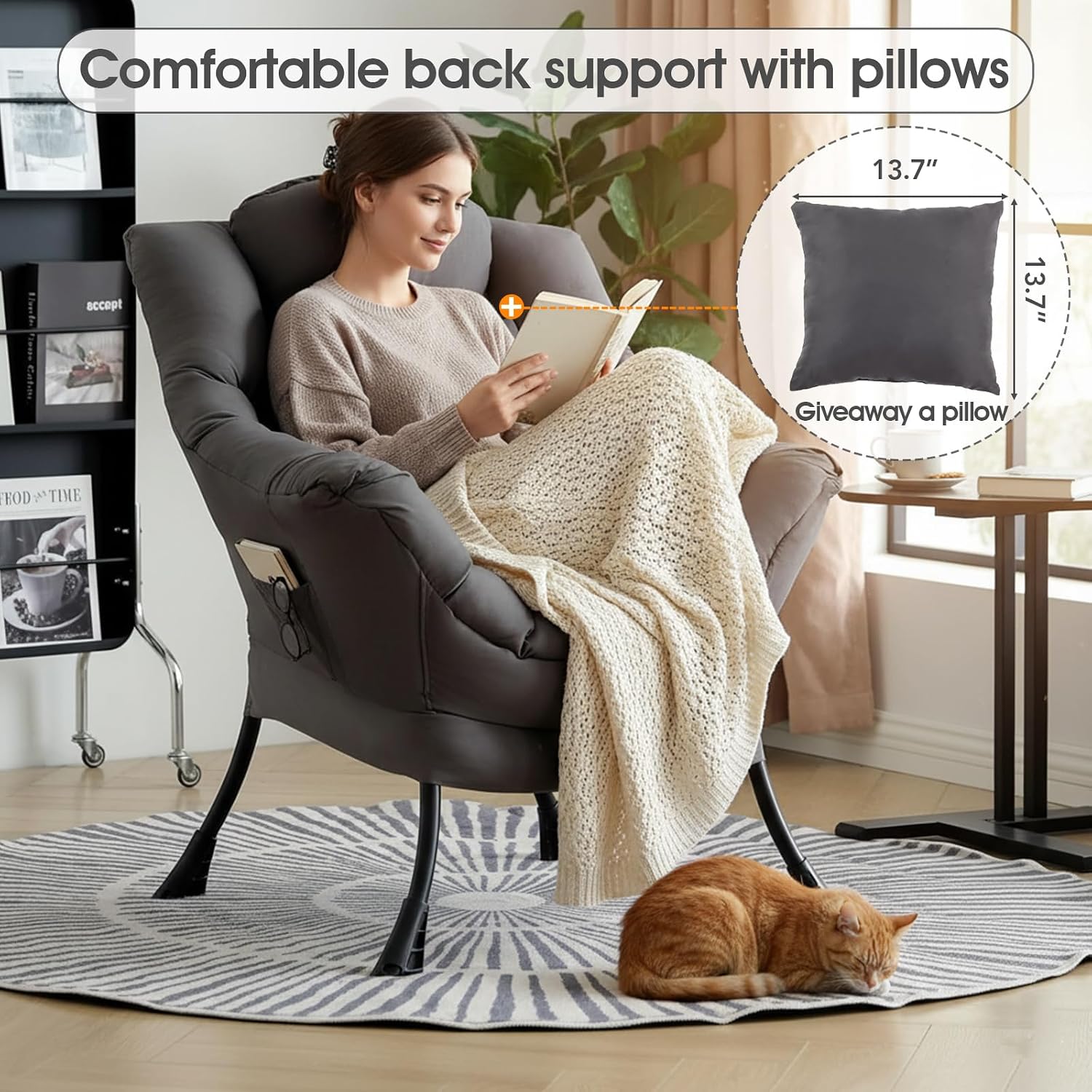 Lazy Chair for Living Room, Large Dark Grey Accent Chair with a Throw Pillow, Leisure Sofa Chair Set, Comfy Reading Chair for Bedroom, Dorm Room, Office