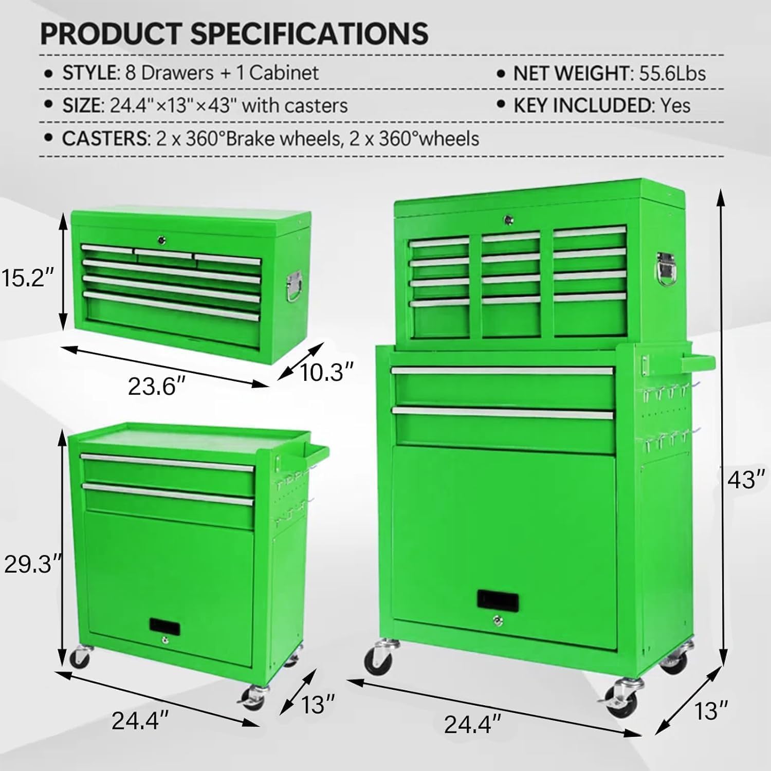 8 Drawers Rolling Tool Chest, 2-in-1 Detachable Metal Tool Storage Cabinet with Wheels, Lockable Tool Cart with Hooks for Garage, Workshop or Salon Use, Green