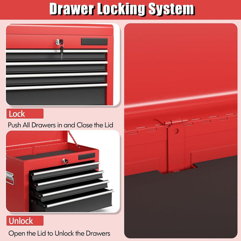 S AFSTAR 6-Drawer Rolling Tool Chest, High Capacity Tool Storage Cabinet with 4 Hooks, Locking System and Universal Wheels, 3-in-1 Detachable Toolbox for Garage, Workshop, Black and Red