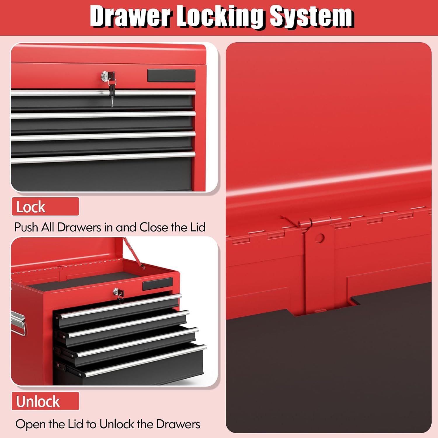 S AFSTAR 6-Drawer Rolling Tool Chest, High Capacity Tool Storage Cabinet with 4 Hooks, Locking System and Universal Wheels, 3-in-1 Detachable Toolbox for Garage, Workshop, Black and Red