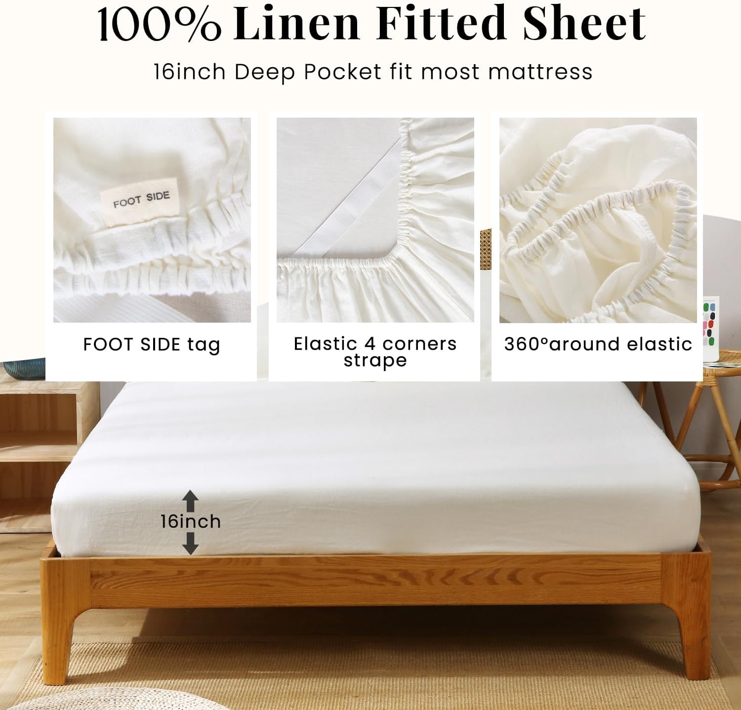 S VICTORY SYMBOL 100% Organic Linen Sheets Set Twin XL,Pure Natural French Linen Bed Sheets 3pcs,Beathable and Durable,Deep Pocket Bedding,Creamy White