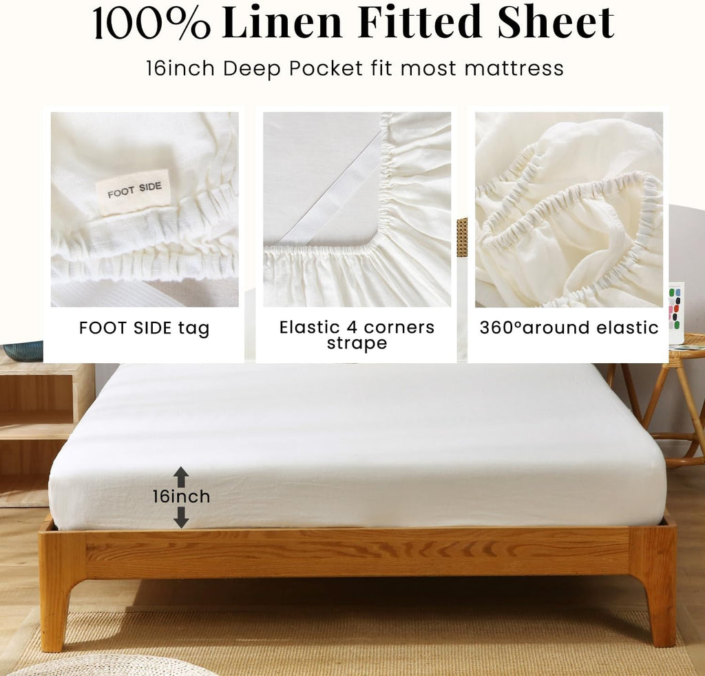 S VICTORY SYMBOL 100% Organic French Linen Sheet Sets California King,Deep Pocket Linen Bedding,Stone Washed Flax Bed Sheet Set,Breathable for Hot Sleepers(Creamy White)