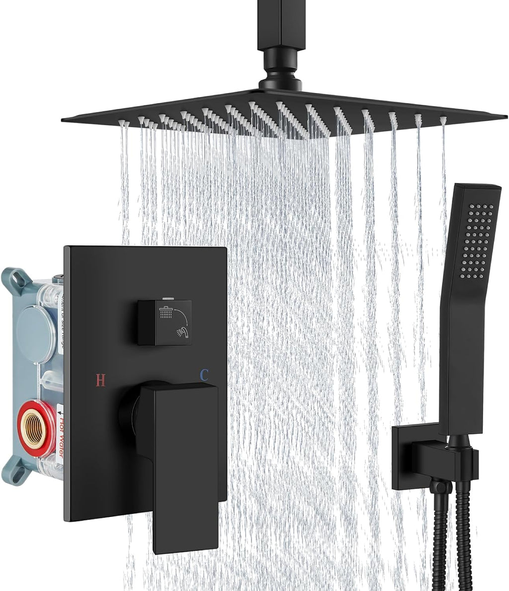 Aolemi Ceiling Mount Rain Shower Head & Handheld Spray with Robust Valve & Trim Kit - Matte Black, 8 Inch Head