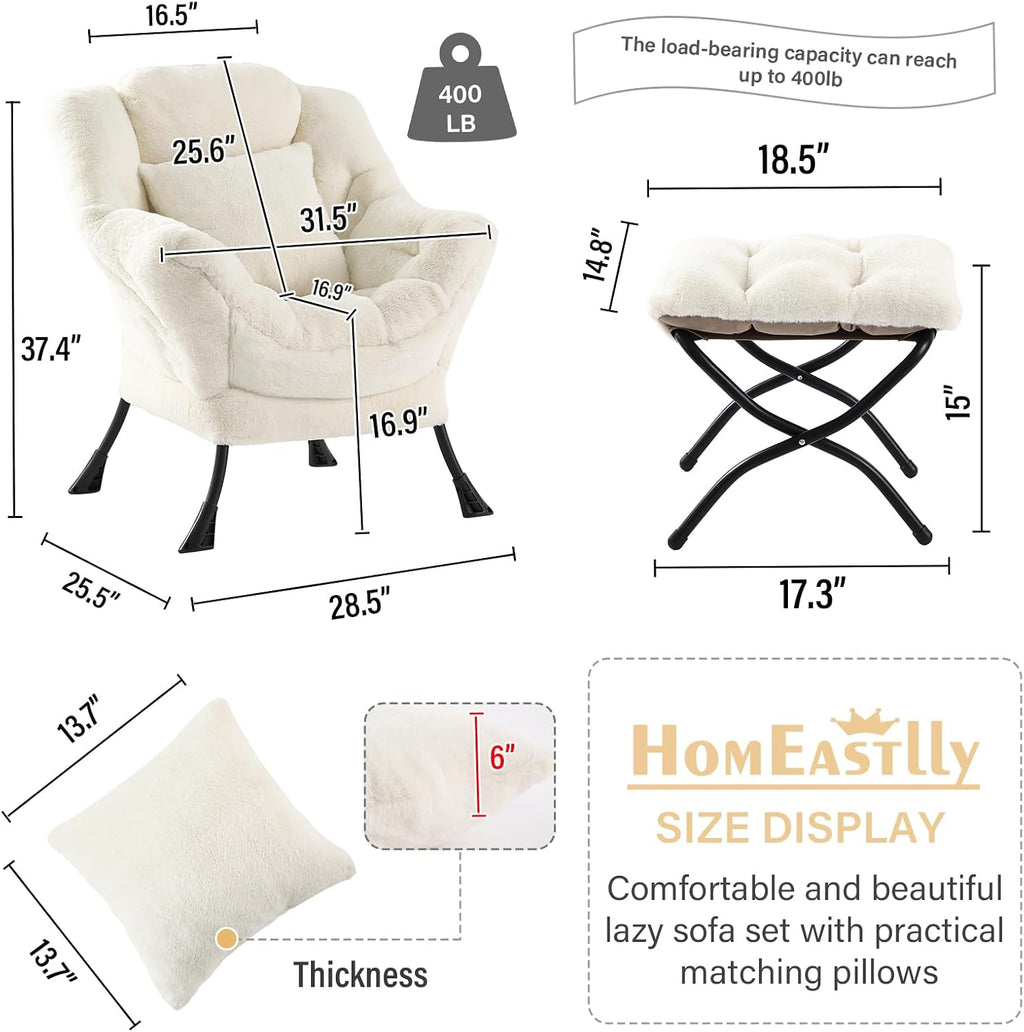 Lazy Chair with Ottoman, Large Lvory Accent Chair with Ottoman and FA Throw Pillow, Comfy Plush Reading Chair for Living Room Bedroom Dorm Room Office Apartment Relaxing Use