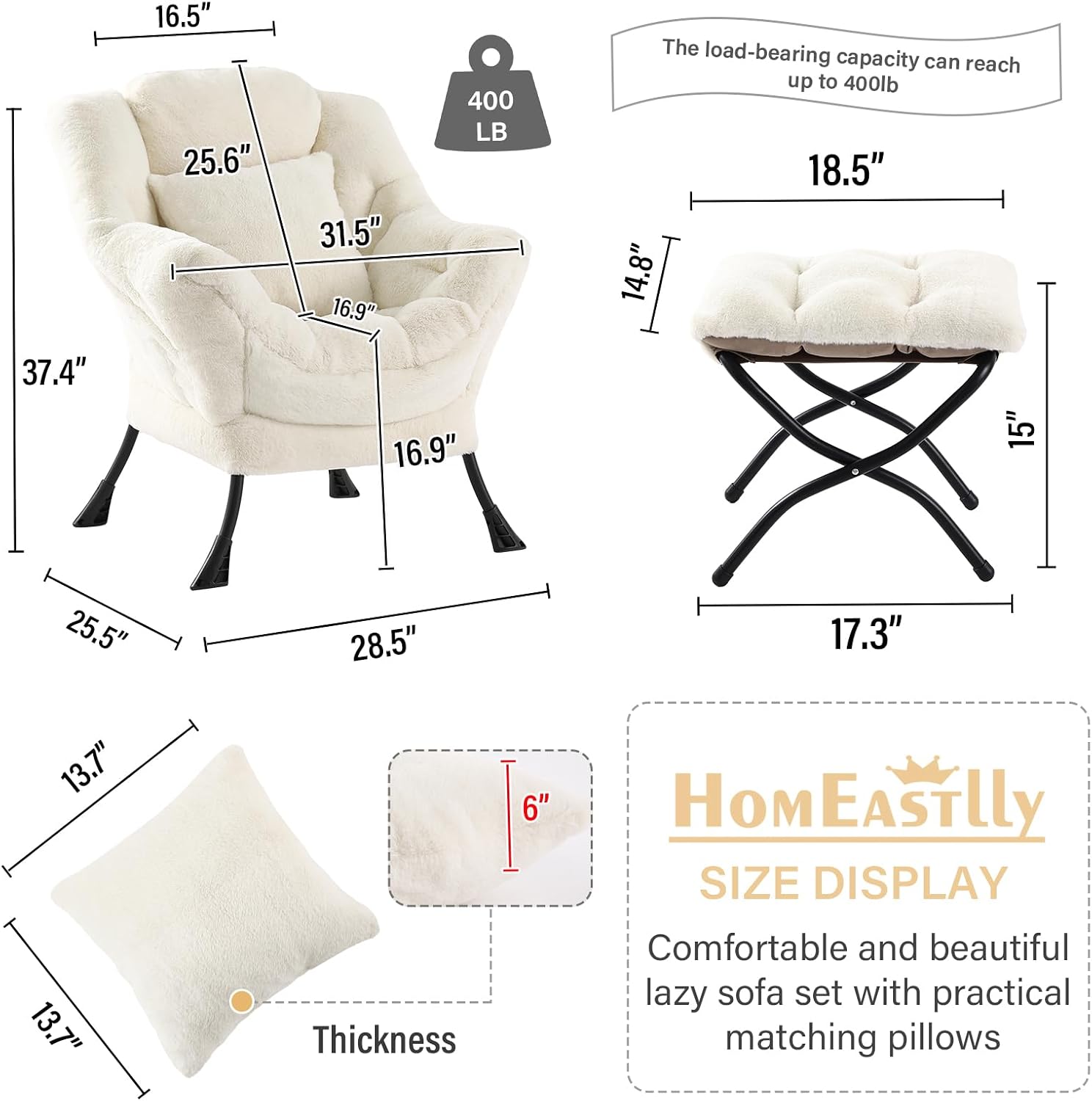 Lazy Chair with Ottoman, Large Lvory Accent Chair with Ottoman and FA Throw Pillow, Comfy Plush Reading Chair for Living Room Bedroom Dorm Room Office Apartment Relaxing Use