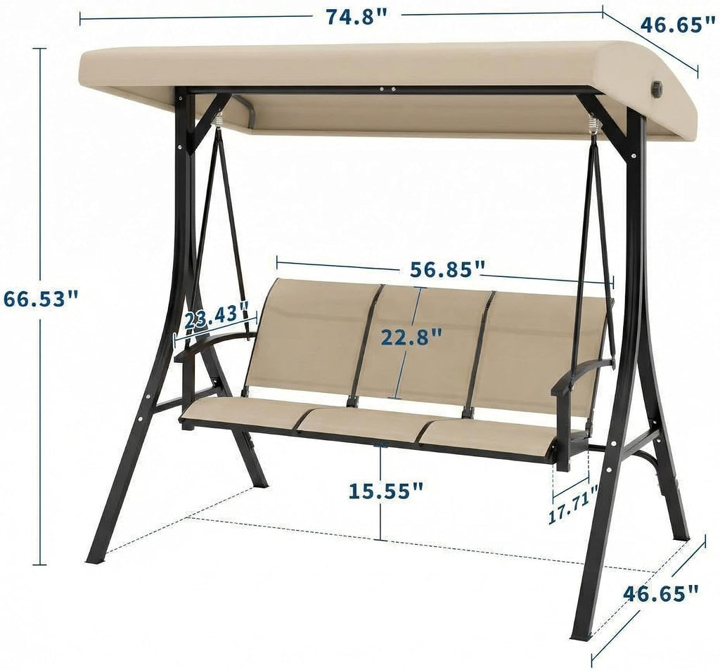 GarveeLife 3-Seat Patio Swing Chair, Outdoor Porch Hanging Chairs with Adjustable Canopy and Armrests, Breathable Textilene Fabric Seat & Backrest, Swing Bench for Garden, Poolside, Backyard, Beige