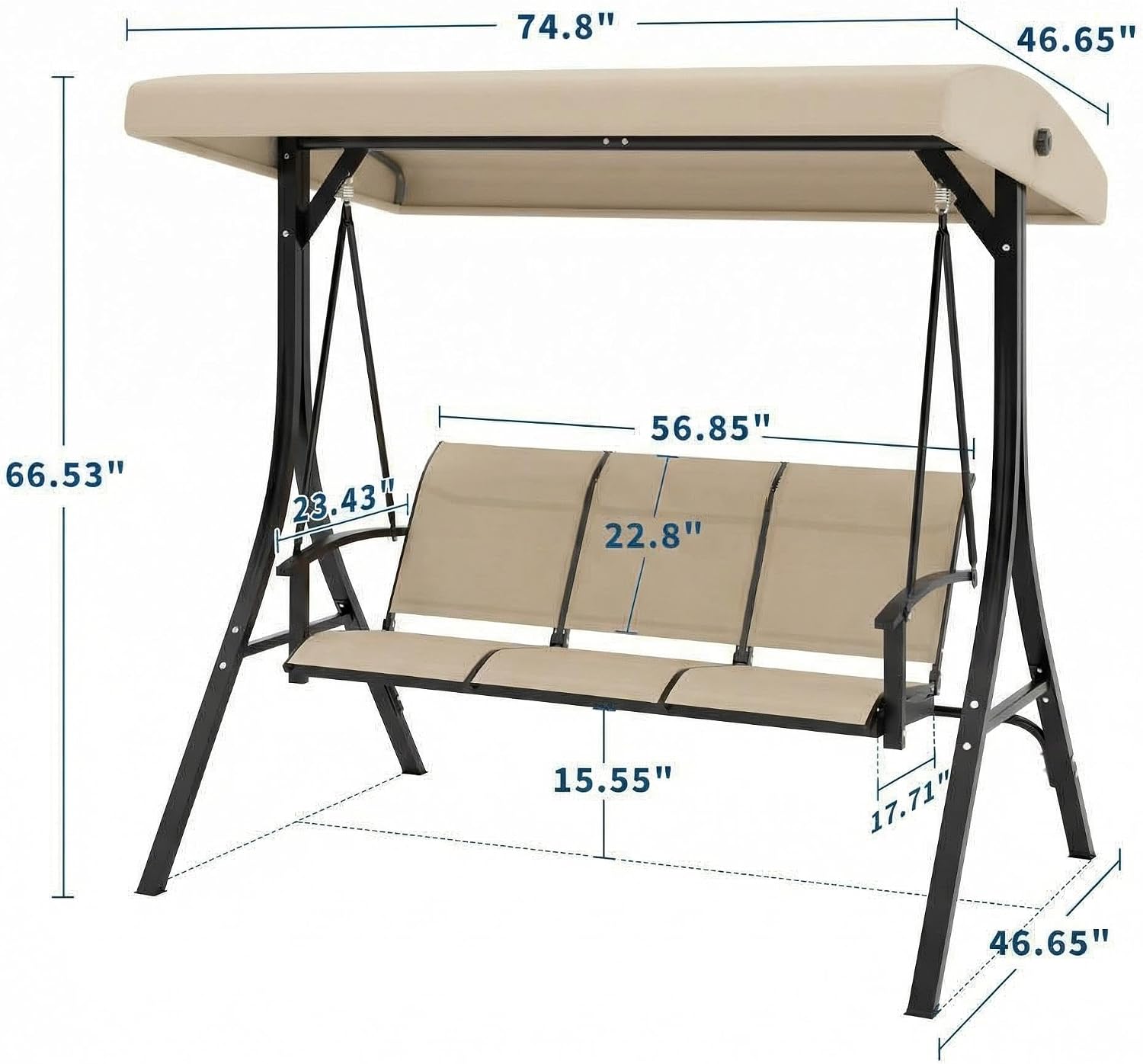 GarveeLife 3-Seat Patio Swing Chair, Outdoor Porch Hanging Chairs with Adjustable Canopy and Armrests, Breathable Textilene Fabric Seat & Backrest, Swing Bench for Garden, Poolside, Backyard, Beige
