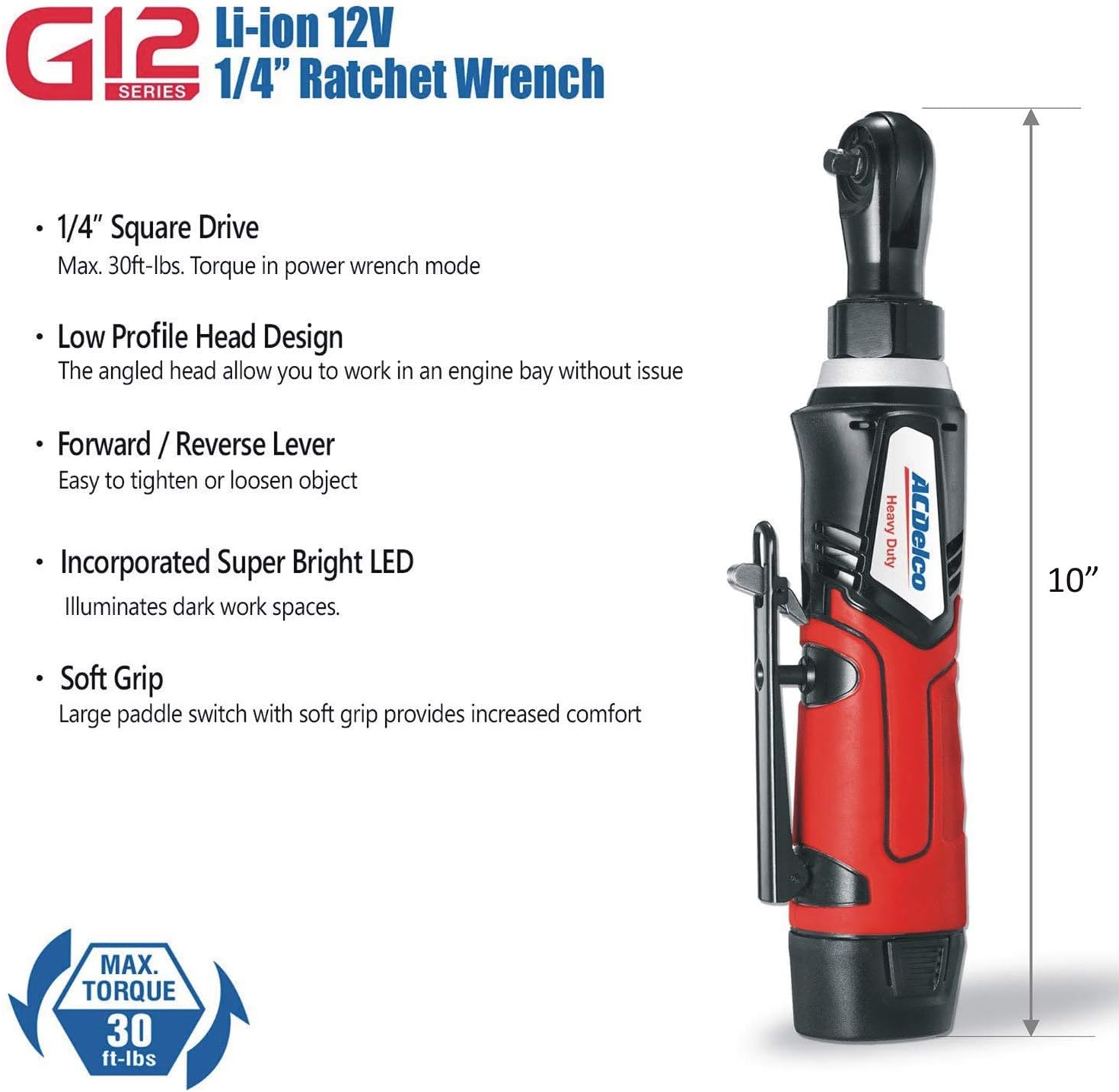 ACDelco G12 Series 12V Li-ion Cordless Rachet & Impact Wrench Combo Tool Kit with 3/8' Drive, LED Lights, Batteries & Chargers