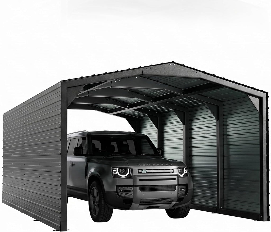 Metal Carport 12x20ft Heavy-Duty 2-Sided Enclosure | Military-Grade Reinforced Garage Kits with Steel Roof & Hurricane | 100lbs/Sq.Ft Snow/RV/Camper/Truck/Tractor Shelter