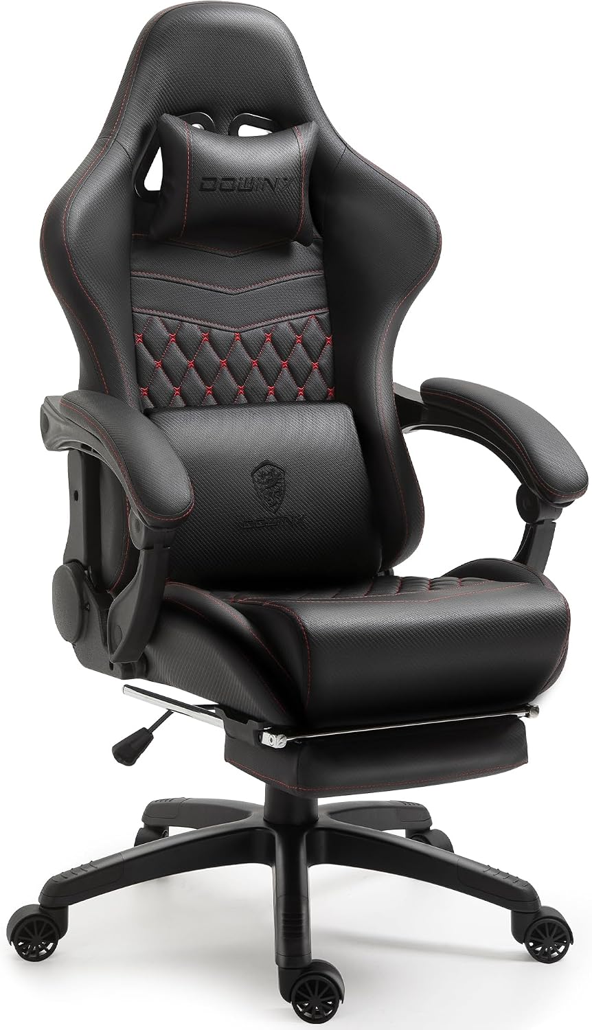 Dowinx Gaming/Office PC Chair with Massage Lumbar Support, Vintage Style PU Leather High Back Adjustable Swivel Task Chair with Footrest (Black and Red)