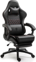 Dowinx Gaming/Office PC Chair with Massage Lumbar Support, Vintage Style PU Leather High Back Adjustable Swivel Task Chair with Footrest (Black and Red)