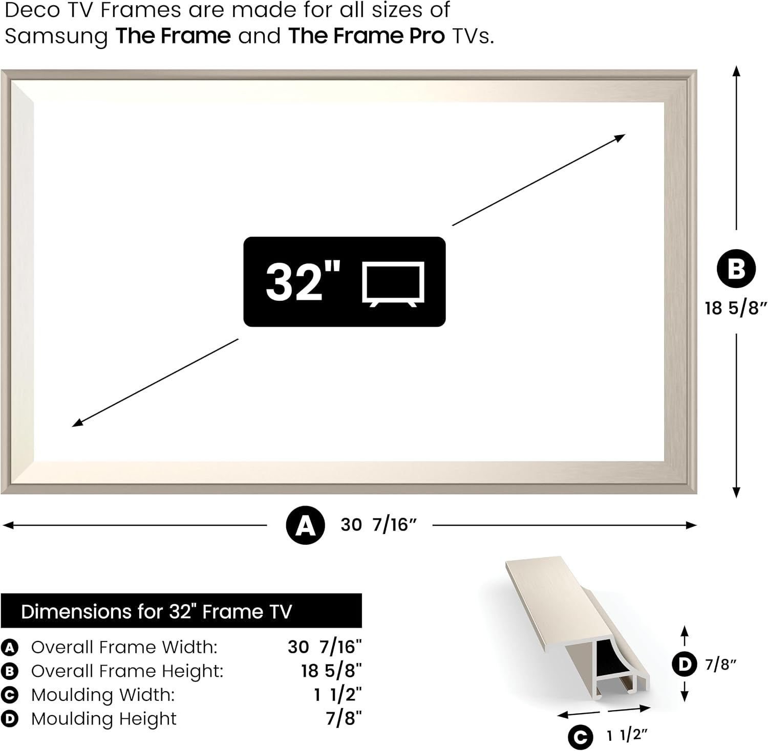 German Silver Scoop 32' Alloy Deco TV Frame - Compatible ONLY with Samsung The Frame TVs (Fits 2021-2026, LS03A, LS03B, LS03C, LS03D, LS03FA)