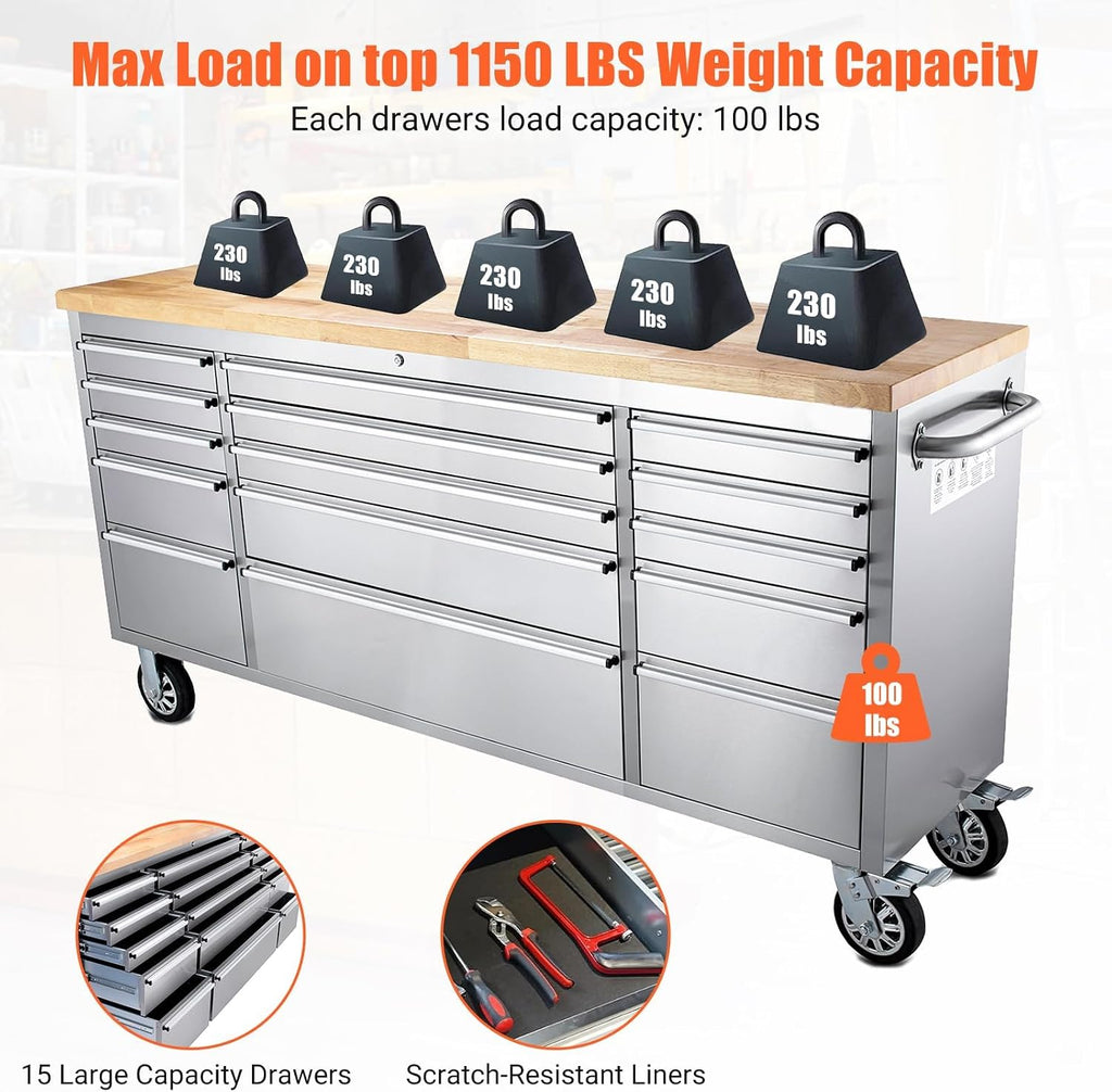 72'' Rolling Tool Chest, Heavy-Duty Tool Cabinet with 15 Drawers and 3 Top Cabinet, Mobile Workbench for Garage, Repair Shop and Tool Room, Black