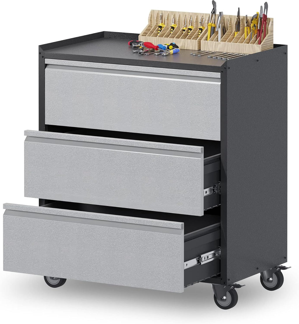 3 Drawers Metal Storage Cabinet with Wheels, Garage Storage Cabinet on Wheels,35.4' H Top Workbench Mobile Tool Chests,Assembly Required…