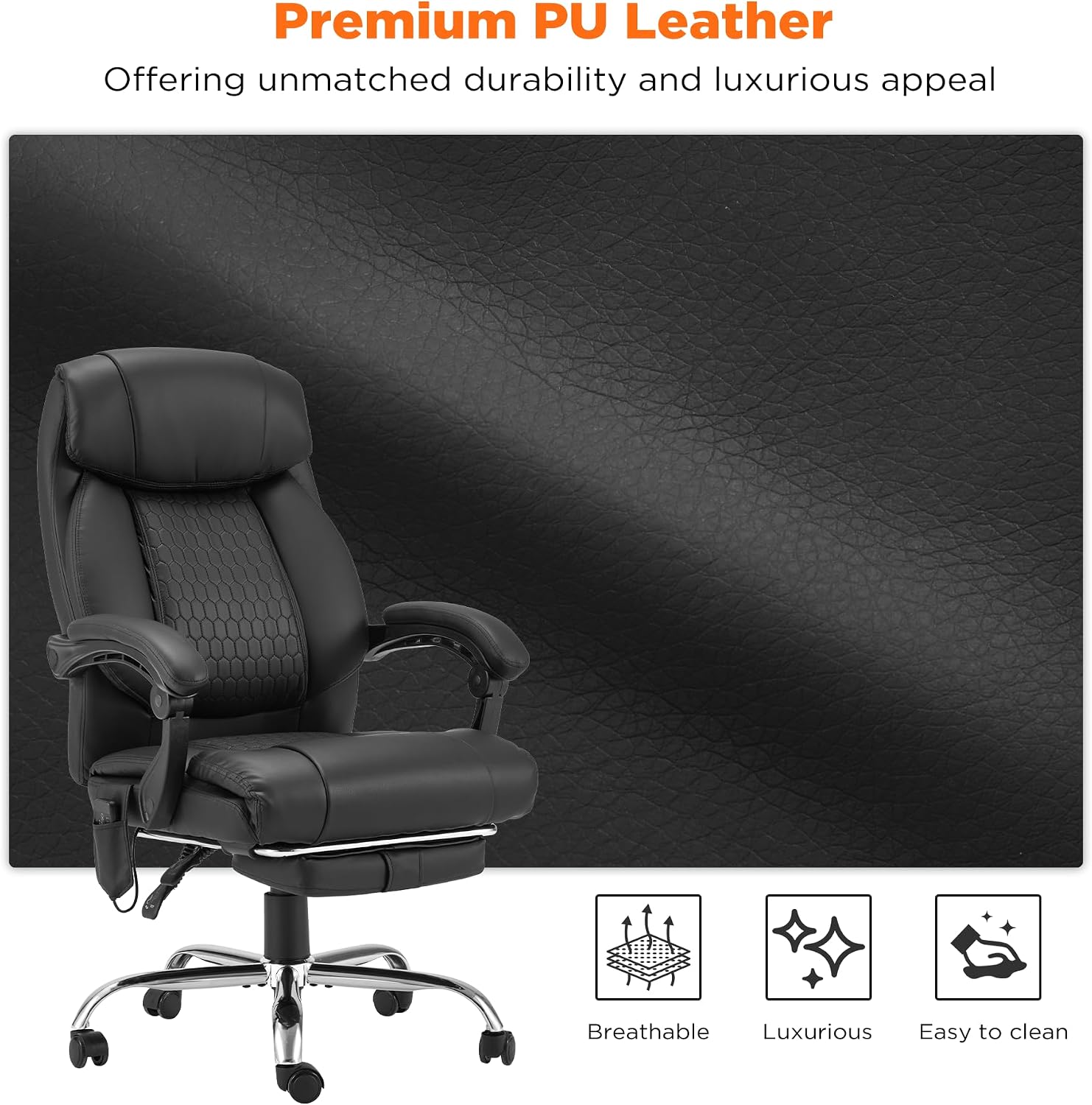 HOMREST 4-Point Massage Office Chair with Heating and Footrest, Reclining Executive Leather Desk Chair, Ergonomic Heated Managerial Chair for Home Office, Black