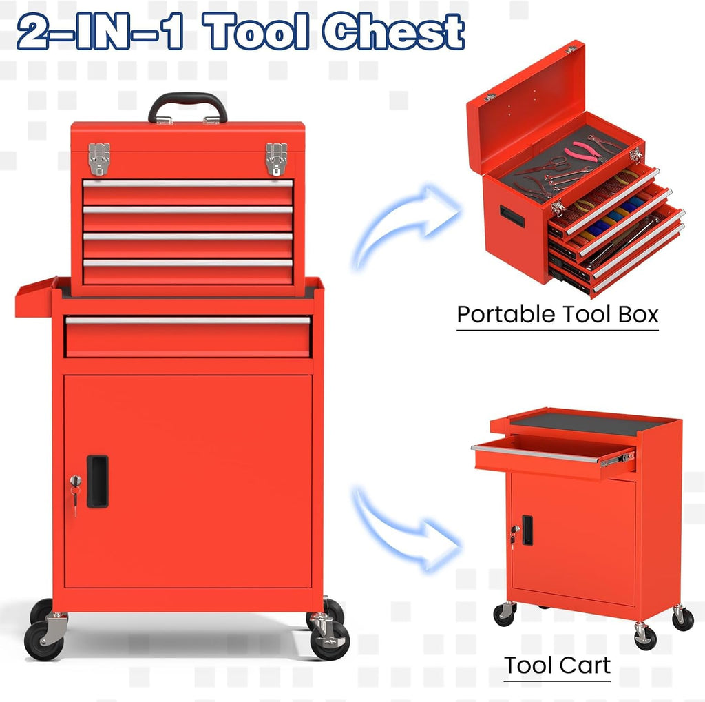 Rolling Tool Box with Wheels, 5-Drawer High Capacity Tool Chest with Wheels, Removable Storage Toolbox with Lock for Garage, Workshop