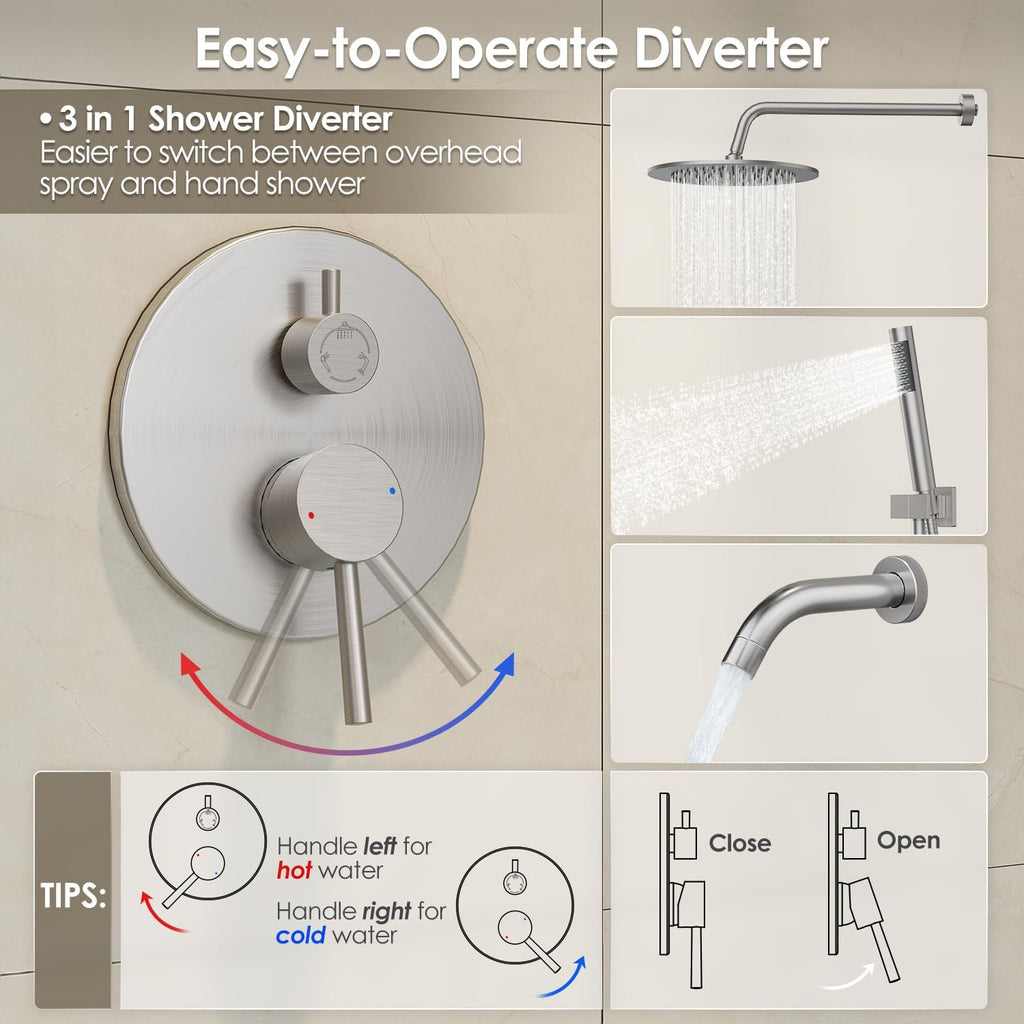 Gabrylly Bathtub Shower Faucet Set, Tub Shower System with 3-Way Shower Valve, High Pressure 10' Rain Shower head with Handheld Spray Combo, Wall Mounted Rainfall Shower Head Set, Brushed Nickel