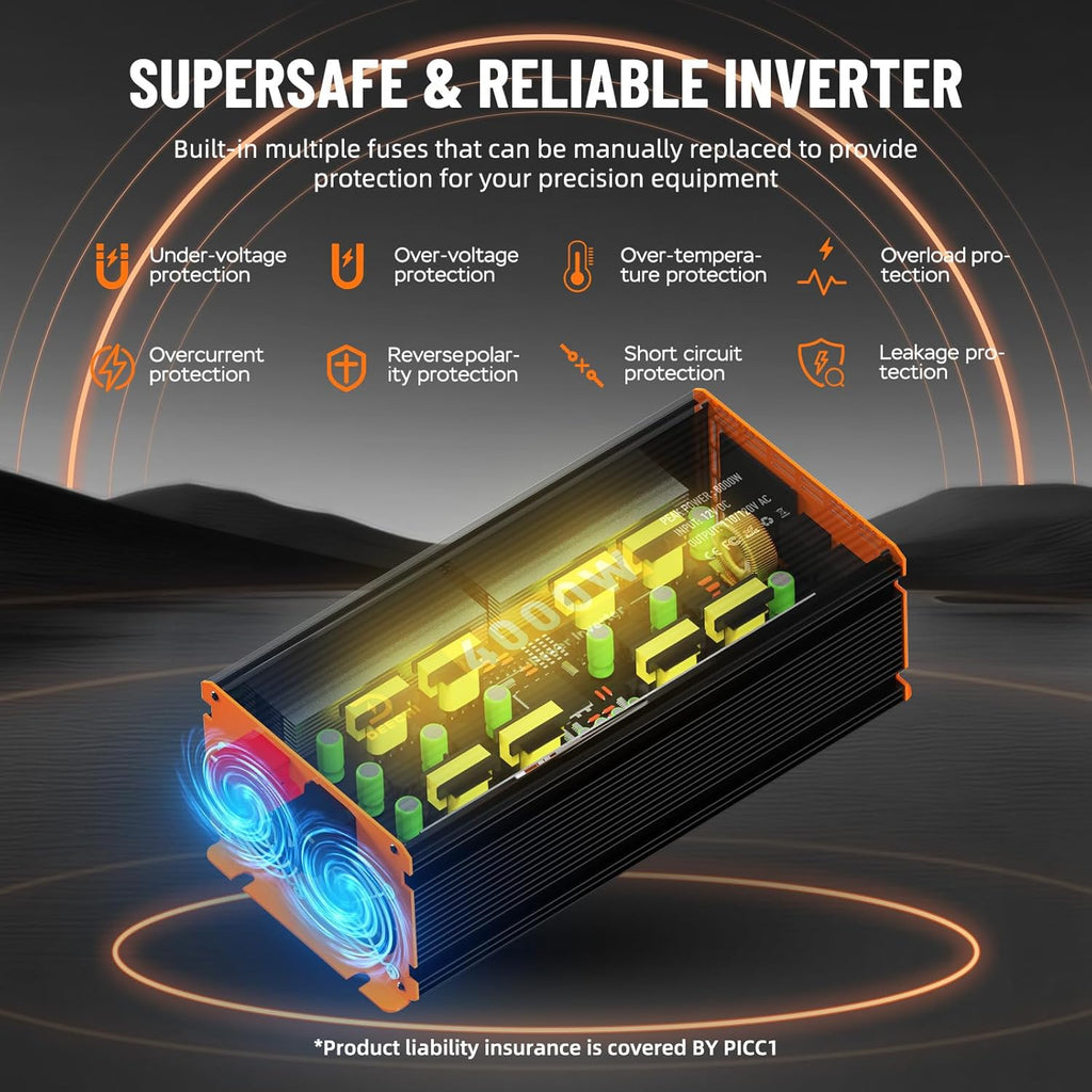 4000W Power Inverter 12V DC to 110V/120V AC Converter for RV/Truck/Boat/Camping/Off-Grid Solar Car Power Inverter Peak Power 8000W with 4 AC Outlets,USB & Type-C Port, Remote Controller & LCD Screen