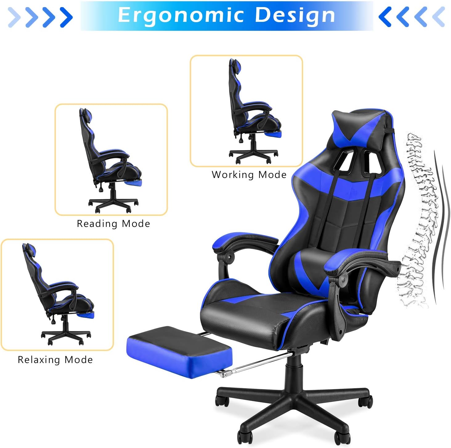 Soontrans Blue Gaming Chairs with Footrest,Ergonomic PC Computer Game Chair,Home Office Desk Chair with Headrest and Lumbar Support Office Chair for Adult