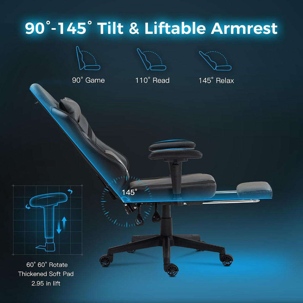 Dowinx LS-66T50EJP Gaming Chair with Pocket Spring Cushion and Hanger, Massage Game Chair Pu Leather with Headrest, Ergonomic Computer Chair with Footrest 300lbs for Adult, Black Grey