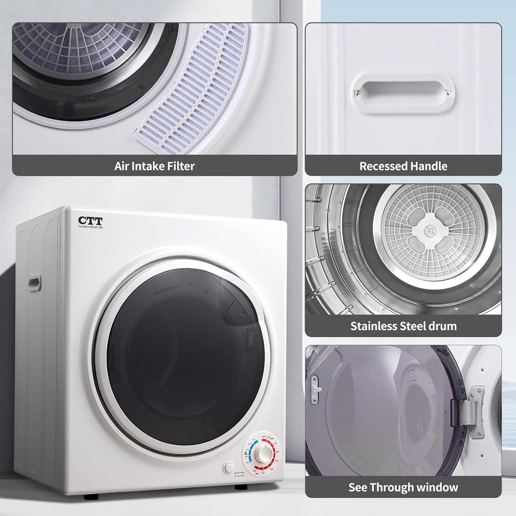 CTT 3.5 Cu. Ft. Clothes Dryer, 1500W Electric Dryers for Clothes, 110V Electric Clothes Dryer with Stainless Steel Drumble for 13.2 lbs. with 4 Automatic Drying Modes (White)