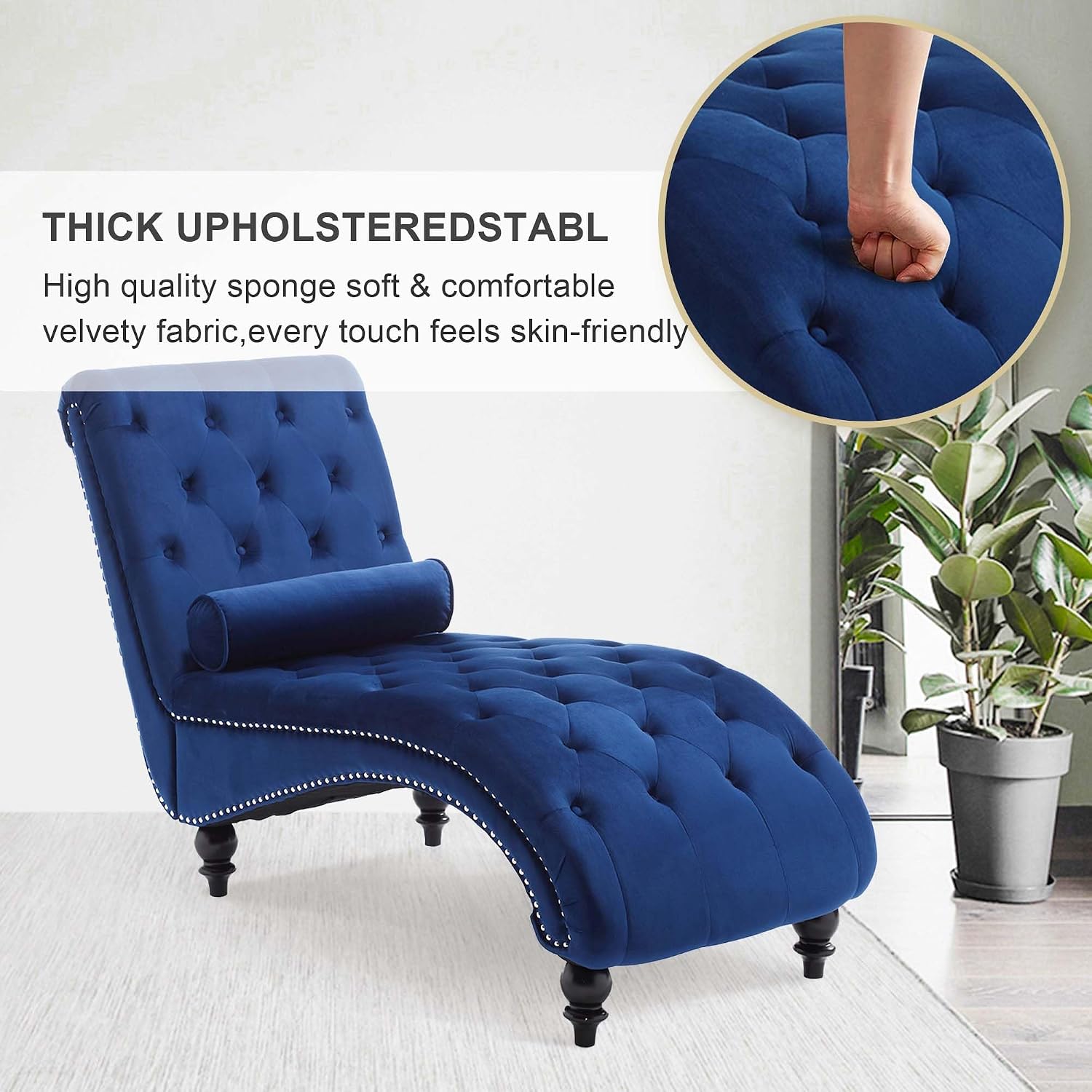 Velvet Chaise Lounge Indoor,Button-Tufted Upholstered Chaise Lounge Chair with Pillow for Bedroom Living Room Office Modern Backrest Leisure Recliner Sleep Sofa (Blue)